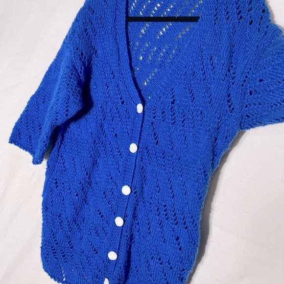 Vintage Blue Hand Knit Short Sleeve Button Up Cardigan Sweater L - Picture 5 of 10